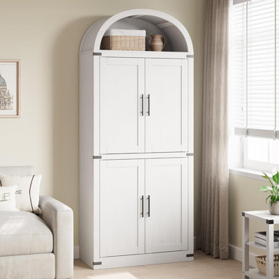 71" Tall Arched Kitchen Pantry Cabinet with Wooden Doors & Shelves, Dining Room Storage Bookcase