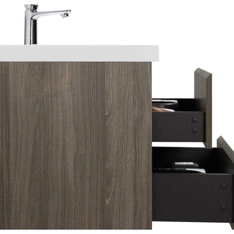 Meuble-lavabo de salle de bain 36 po, unité sophistiquée. Lavabo en résine, tiroirs à fermeture en douceur. Rangement pratique gris cendré. Évier flottant 24V11-36Ag, armoire séduisante. Glamour.
