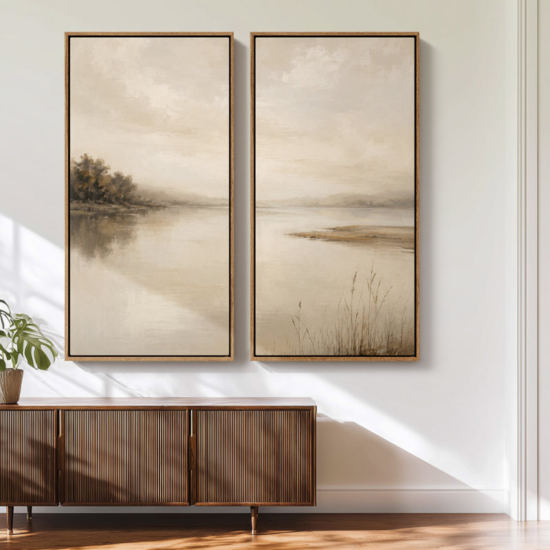 Paysage serein de lac beige neutre – Ensemble de 2 impressions d'art encadrées sur toile 60"x20"x2, 60"x30"x2