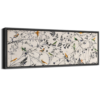 Birds On Wildflower Plants Minimalist Modern Extra Large Pictures Framed Canvas Print Wall Art