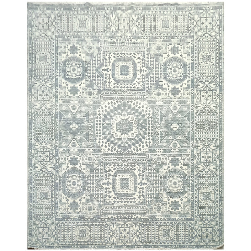 Tapis bleu / blanc / ivoire de haute qualité noué à la main, Rectangle 8 pi x 10 pi