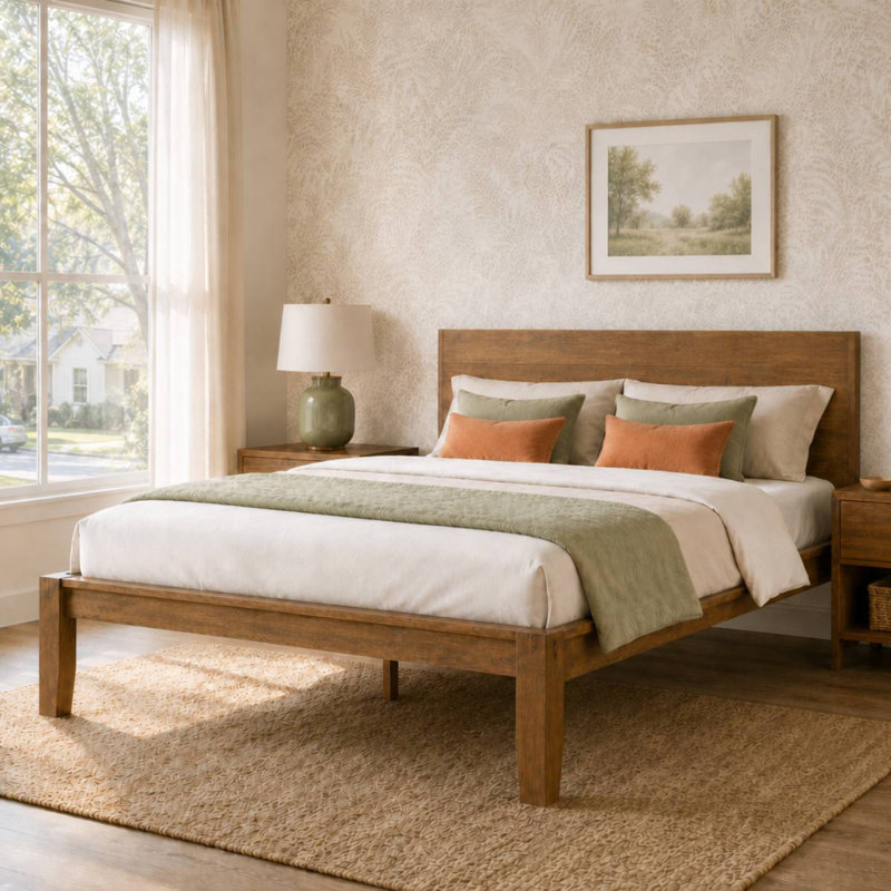 Japanese Joinery Craft Solid Wood Platform Bed with Integrated USB Charging, Walnut, Queen