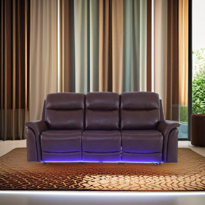 Chester Reddish  Brown  Vegan Leather   Reclining  Sofa With Cup-Holders ,Wireless Charging And LED Lights