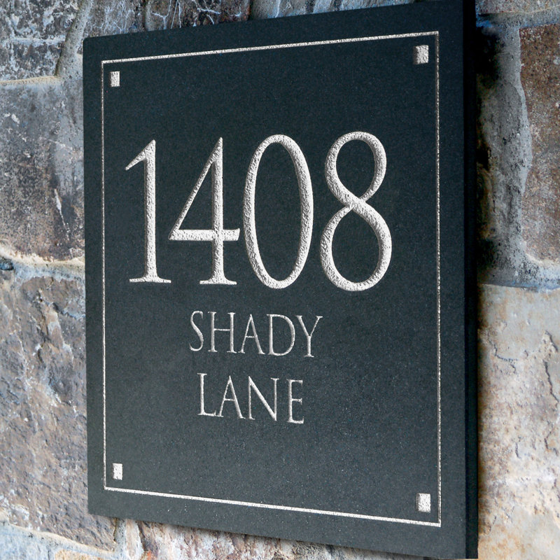 Black Granite Square Trajan Engraved 3-Line Address Sign, Silver, Yes