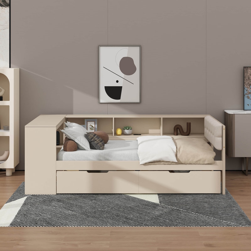 Lit plateforme simple avec tablettes, tiroirs, station de charge et tête de lit tapissier, Simple, Crème, crème