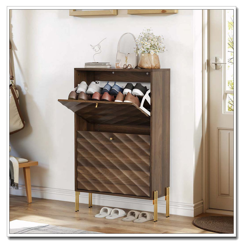 23.6 Inch Walnut Shoe Cabinet, Mid-Century Modern Freestanding Shoe Cabinet, Freestanding Organizer With Metal Legs