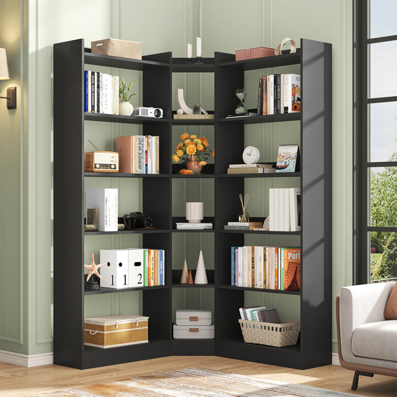  6 Tiers Corner Bookshelf And Bookcase With Baffle, 63.1" Tall Modern L-shaped Storage Display Book Shelf Industrial Bookshelves For Bedroom, Living Room, Kitchen, Home Office, Black