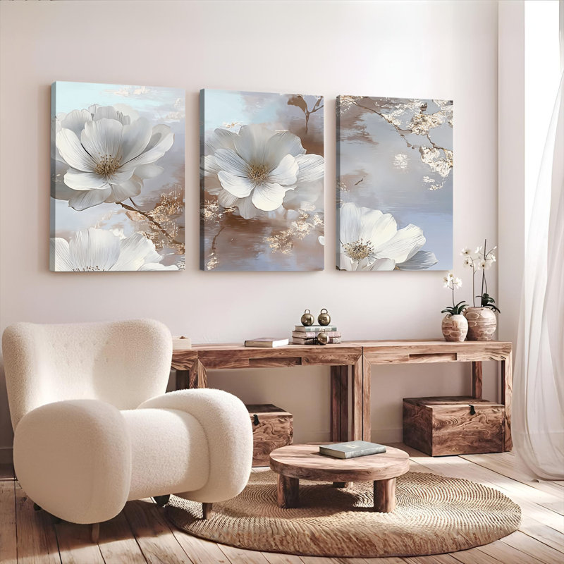 Tableau élégant à motifs floraux blancs sur toile tendue, tons pastel doux (paquet de 3), H 30 po x l 60 po