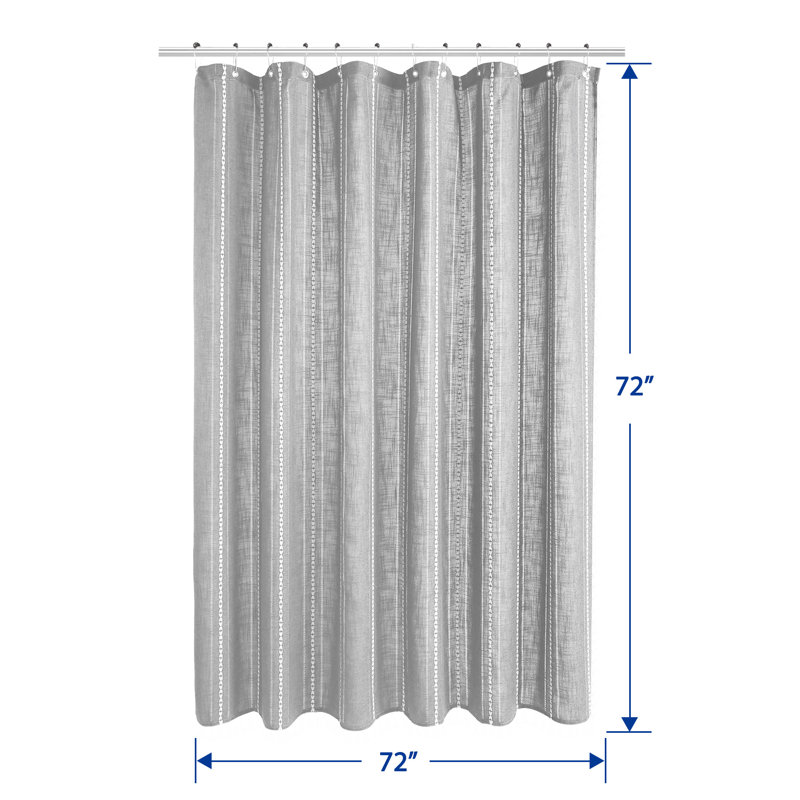Linen Textured Striped Shower Curtain Tassels With Shower Hooks, Light Gray