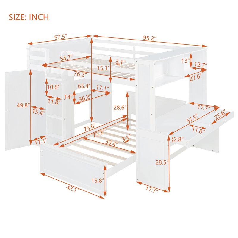 Hasel L Shaped Bunk Bed with Desk, Bookcase and Wardrobe, Full over Full, White