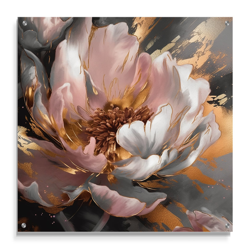 Marbre rose doré, pivoine II, art mural acrylique abstrait en marbre, H 30 po x l 30 po