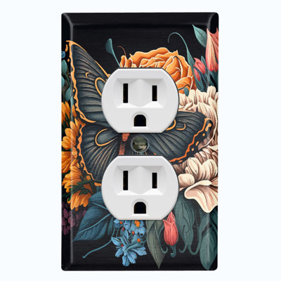 Metal Light Switch Plate Outlet Cover (Dark Green Butterfly Flowers - Single Duplex)