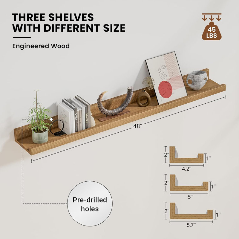 Floating Shelves Set Of 3, Picture Ledge Shelf, 48 Inch Long Floating Shelves For Wall,Floating Shelves With Lip For Living Room,Bedroom,Bookshelf,Nursery-Natural Oak