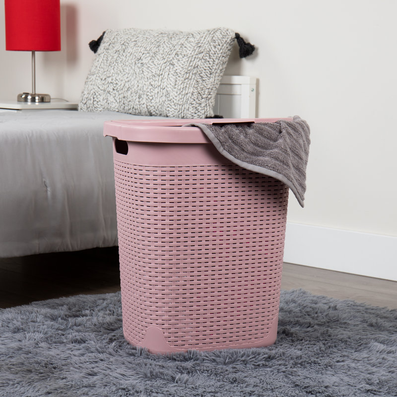 Pink Wicker Upright Laundry Hamper with Lid