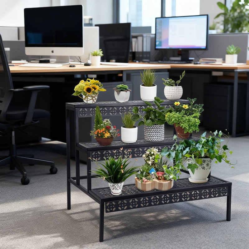 Support à plante en métal à 3 niveaux pour escalier, grande étagère de présentation de jardin et support de rangement pour pot de fleurs pour une utilisation intérieure et extérieure