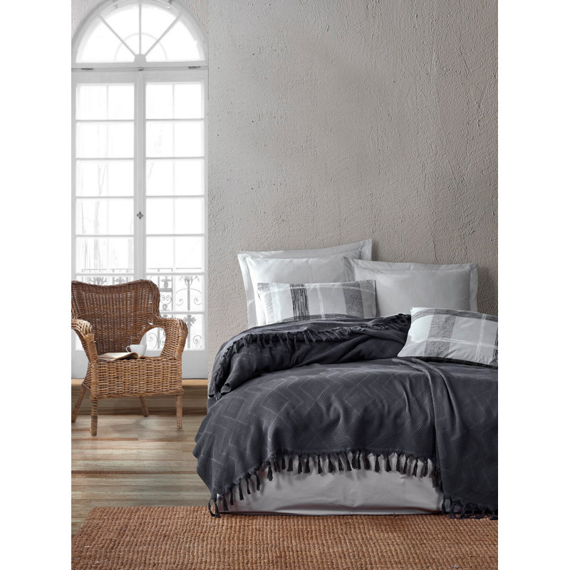 Ensemble de couvre-lit 100% coton 4 pièces Madie, Anthracite / gris