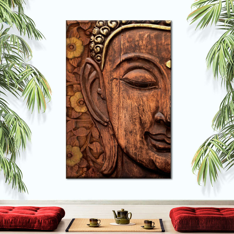 Tête de Bouddha sculptée, reproduction sur toile, H 39 po x l 26 po x P 1,25 po