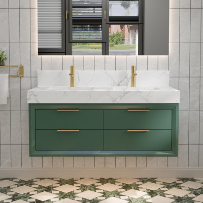 Lumino 48" Wall-Mounted Double Sink Bathroom Vanity With White Stone Countertop, LED Light & 6 Soft-Close Drawers, Modern Design