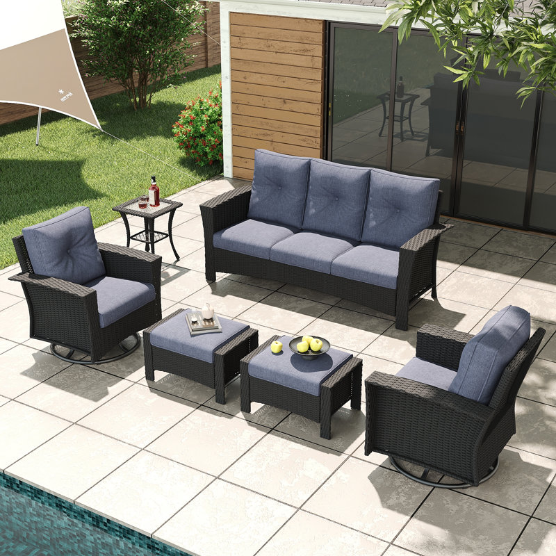 Lark Manor™ 6 Piece Wicker Patio Furniture Set, Classis Outdoor Conversation 360 Degree Swivel Chairs Set with Coffee Table