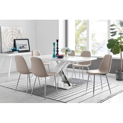 Ensemble de table de salle à manger Edzard en chrome et blanc ultrabrillant avec 6 chaises de luxe en similicuir