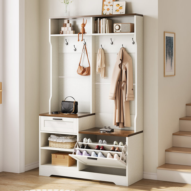 Arbre d'entrée avec banc et rangement pour chaussures, rangement pour hall d'entrée 6-en-1, bois aggloméré 43,3 po x 15,75 po x 70,87 po
