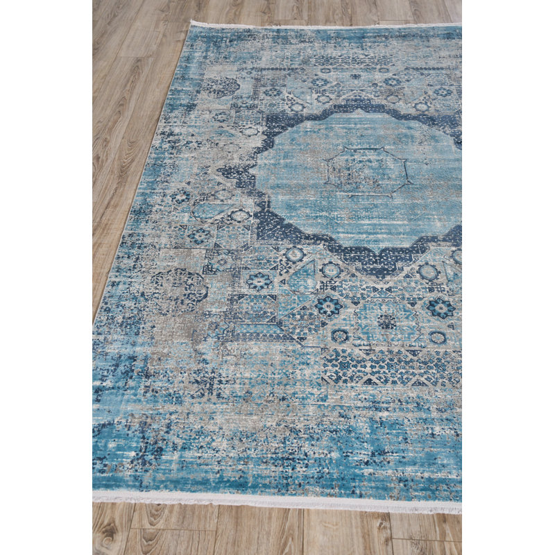 Ivory and Blue Viscose Rectangular Fringed Area Rug