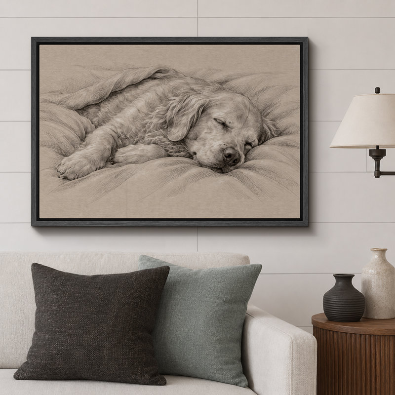 «Sleeping Golden Retriever», impression sur toile encadrée, impression sur toile, H 24 po x l 36 po x P 1,5 po, Cadre noir