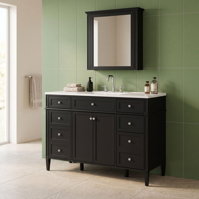 Meuble-lavabo autoportant avec lavabo intégré, 6 tiroirs et 2 portes à fermeture en douceur, Black
