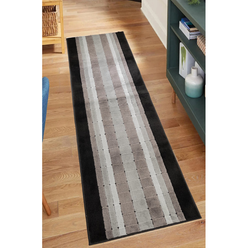 Tapis de couloir carrés noirs à taille moyenne et à motif en lin antidérapant, Tapis de couloir 2 pi 6 po x 3 pi