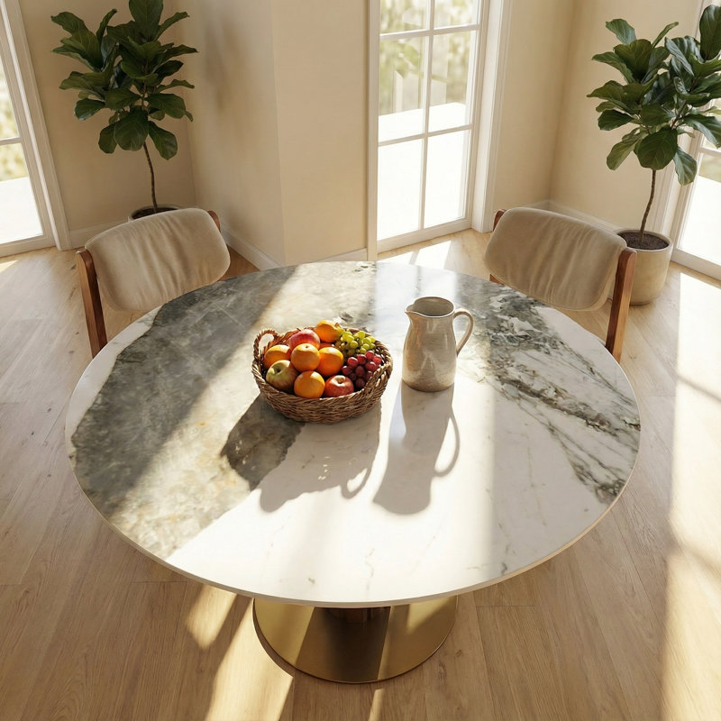 Ensemble de table de salle à manger 33,5 pouces moderne avec plateau en pierre, piédestal en bois massif et chaises réglables rembourrées