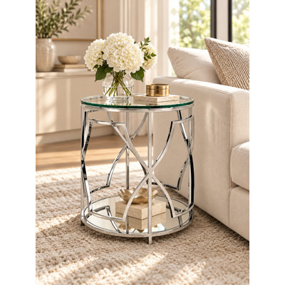 Pangea Home Benson Edward Round Glass End Table with Storage - Modern Round Side Table – Tempered Glass Top with Silver Steel Base for Living Room or Bedroom - Steel End/Side Table