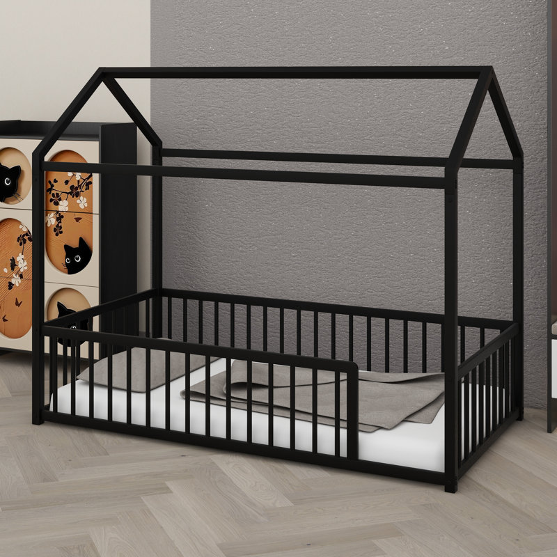 Child-Friendly Montessori Floor Bed Featuring House Silhouette And Fence, Twin, Black