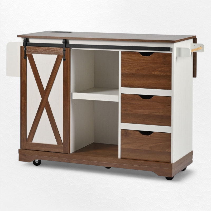 Îlot de cuisine de 55,5 po de largeur avec plateau de table extensible, Brun / Blanc