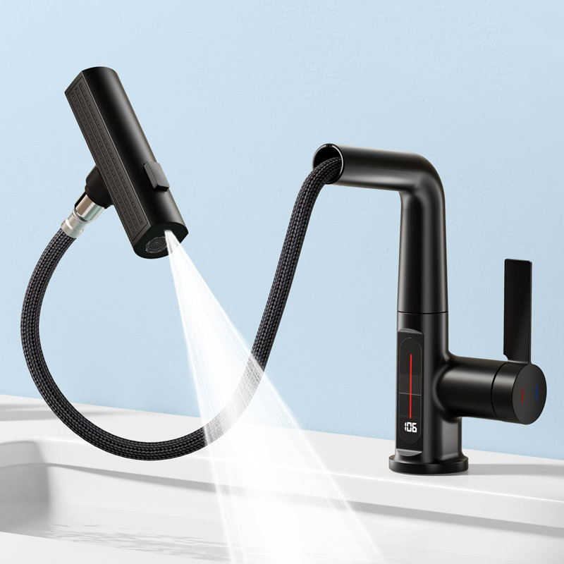 Robinet de salle de bain monocorps noir avec douchette extractible et affichage de la température Mate, Noir mat