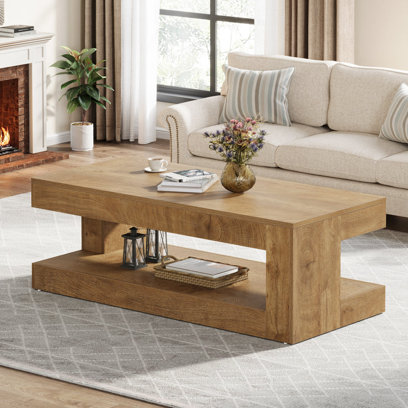 47.24'' Rectangular Coffee Table For Living Room, Farmhouse 2-tier Accent Center Tea Cocktail Table With Storage, Oak Brown