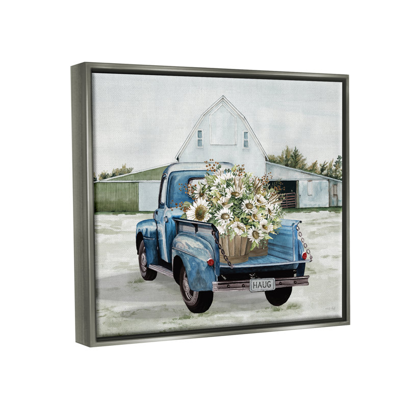 «Sunflower Truck at Farm» par Cindy Jacobs - impression, H 25 po x l 31 po x P 1,7 po, Cadre flottant gris lustré