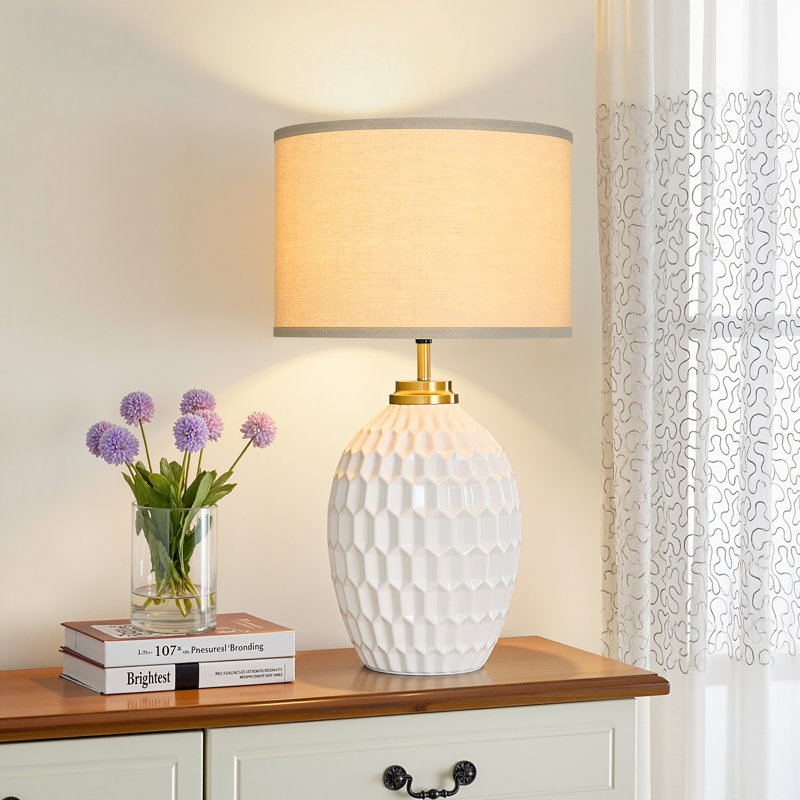 25.4" Stepless Dimmable Ceramic Table Lamp with Linen Shade, Modern Bedside Lamp