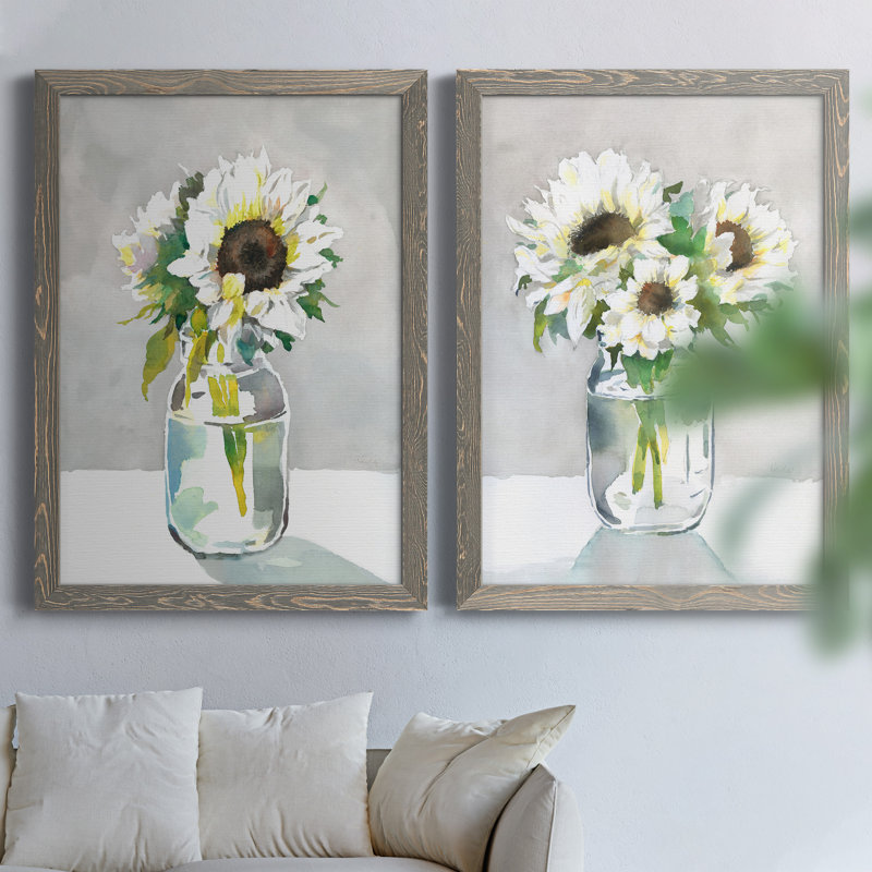 Tournesol I - ensemble de 2 peintures sur toile encadrées, H 44 po x l 31 po x P 1 po, Encadré gris