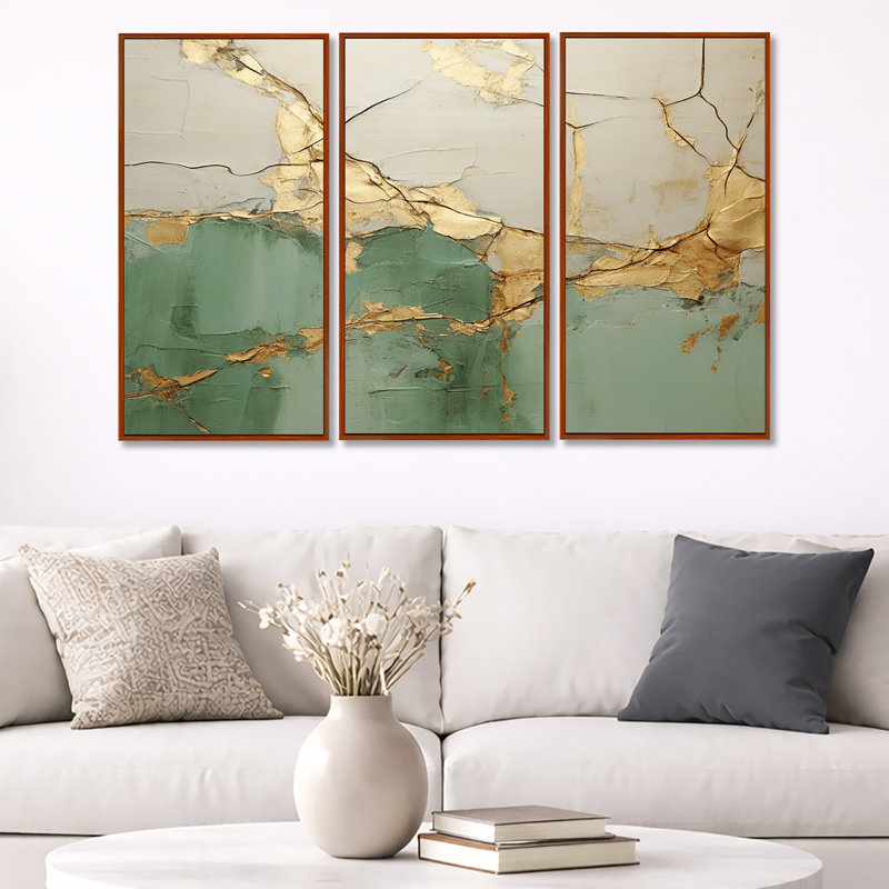 «Green Gold Minimalisme Poteries», ensemble d'art sur toile à spirales abstraites, H 32 po x l 48 po, Cadre flottant brun