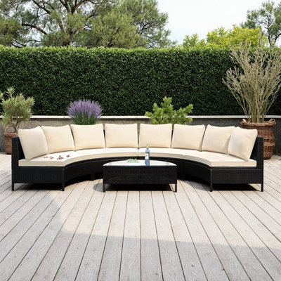 Ensemble de canapé 5 pièces en demi-lune en rotin et osier en polyuréthane toutes saisons - Canapé modulaire d'extérieur brun avec table en verre trempé, 8 coussins et 4 coussins - Capacité de 350 lb pour le jardin, la terrasse ou la piscine