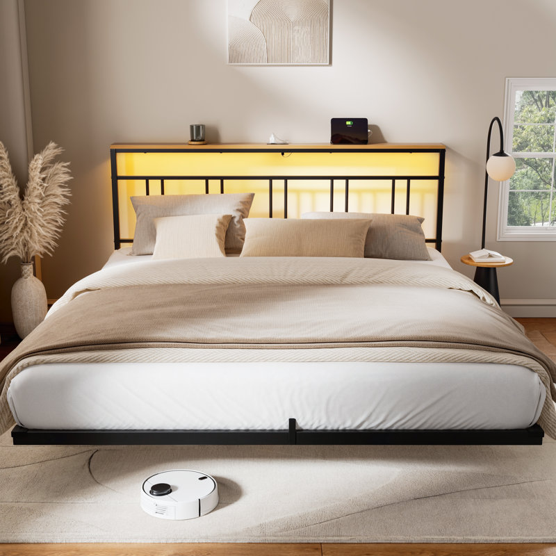Floating Bed Frame with Storage Headboard,Modern Metal Platform Bed with LED & Charging Station,No Box Spring Needed, King