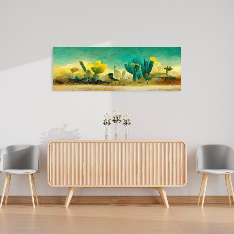 Paysage désertique abstrait coloré, cactus vibrant, paysage, nature, art mural, H 16 po x l 48 po