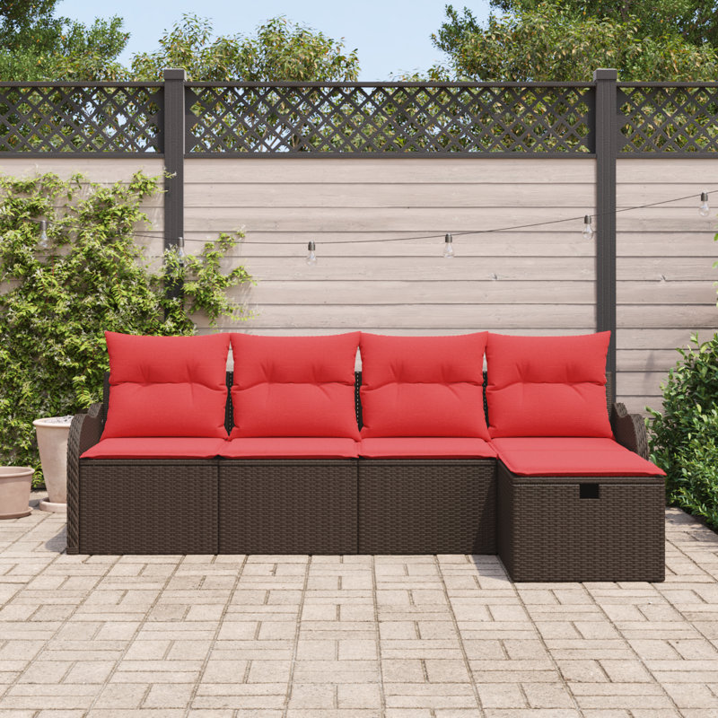 vidaXL Garden Sofa Set with Cushion 5 pcs Brown and Red Poly Rattan, Brown Frame/Red Cushion