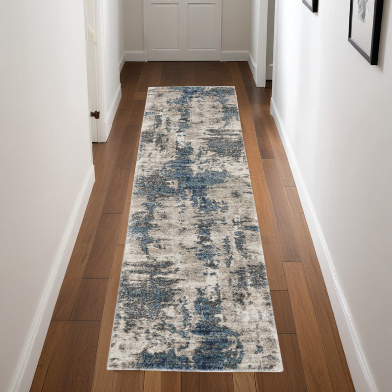 8' Blue Abstract Power Loom Runner Rug