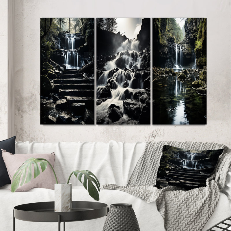 «Gray Waterfall Cascading Reflections», 3 pièces sur toile, Toile tendue, H 40 po x l 60 po