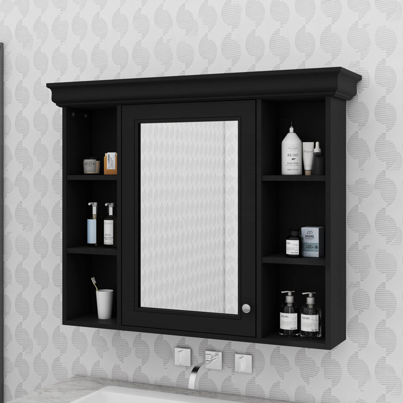 Unité de rangement de salle de bain murale 35 po x 28 po avec porte miroir et 6 tablettes ouvertes, Noir
