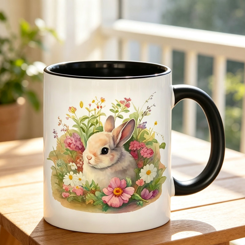 Ceramic Coffee Mug with Bunny Floral Logo & Non-Slip Base Suitable for Tea, Milk, Water Reusable Cup.