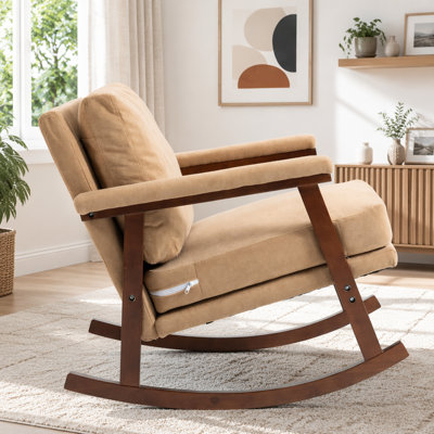 Mid Century Modern Upholstered Rocking Chair With Rubberwood Legs