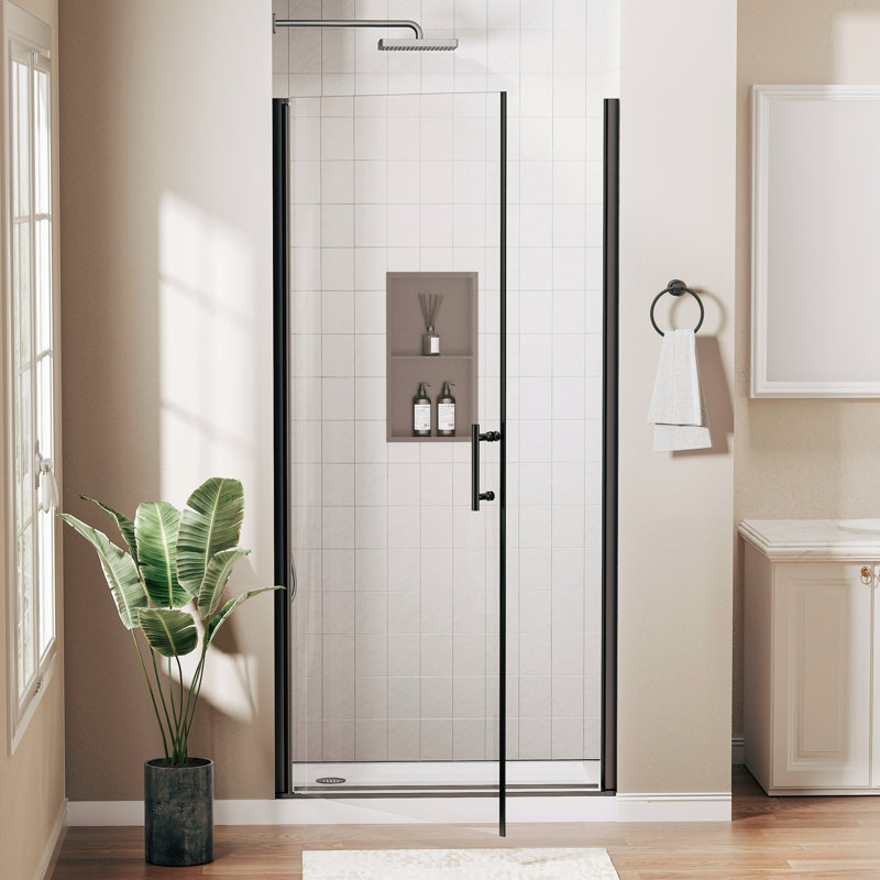  32 à 33 po X P 72 po Porte de douche pivotante sans cadre H avec cadre noir mat et verre trempé transparent nano-enduit