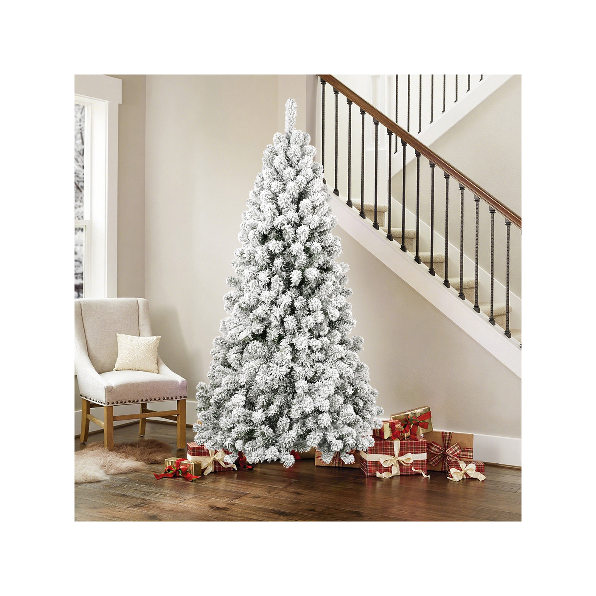 White Flocked Christmas Tree, Artificial Snowfield Christmas Douglas Fir Tree, Christmas Party Decoration, Easy To Clean And Assemble, Foldable And Sturdy Metal Base,White Xmas Tree
